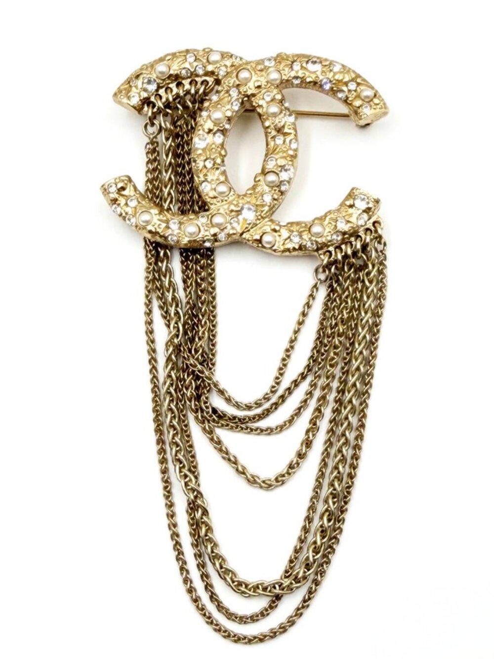Chanel Gold CC Pearl Crystal Multi Chain Medium Brooch